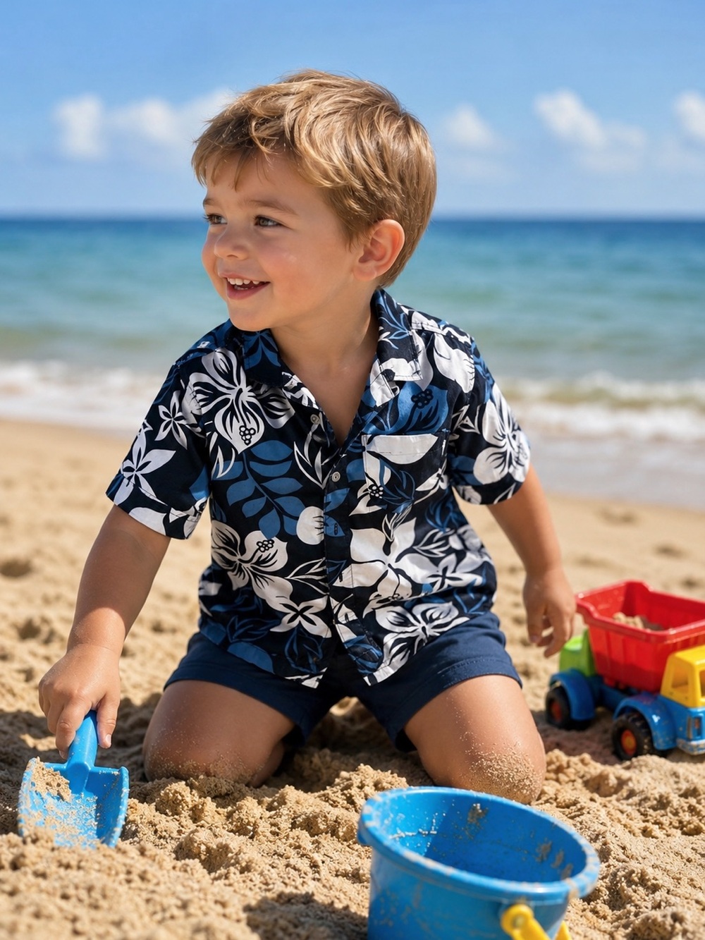 Hawaiian Old Navy Boys Navy Blue & White Floral Button-Down Shirt size small